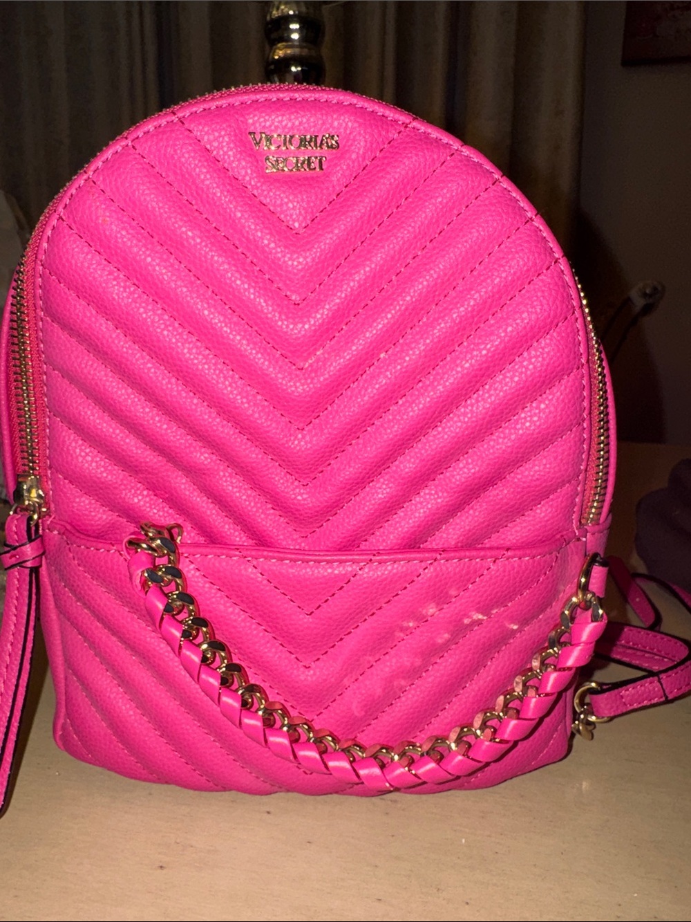Victoria's Secret Hot Pink Quilted Mini Backpack with Gold Chain